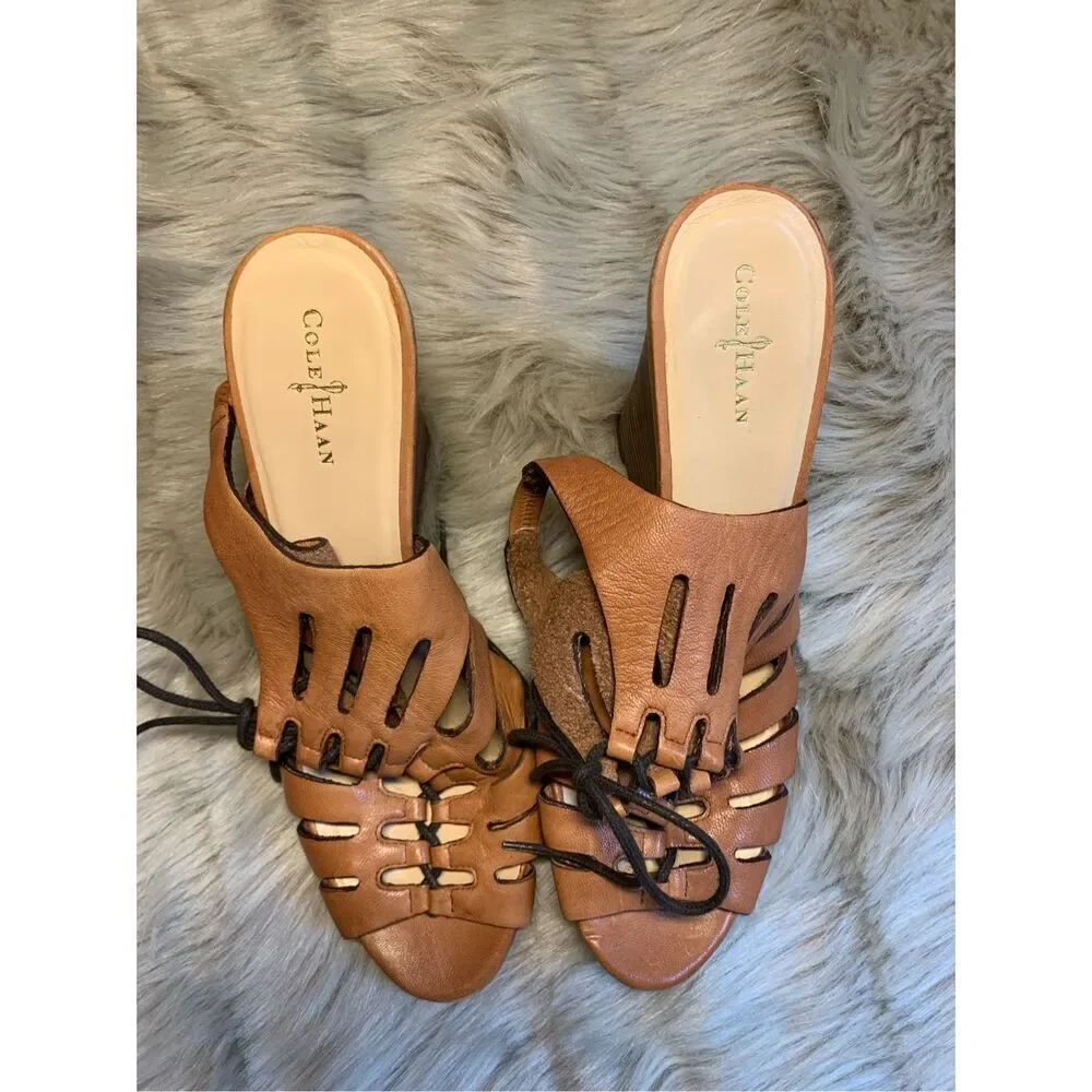 Cole Haan Light Brown Leather lace up wedge sandals Size 9B Womens Shoes Gladiat